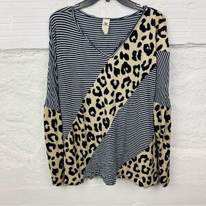 Sew In Love Black and Cream Striped Leopard Long Sleeve Top size large